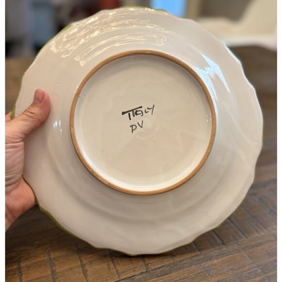 PV Italy Hand Painted Ceramic Plate Dandelion Floral Green Rim 11” - Picture 2 of 2